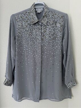 Diane Gilman Vintage Silver-Gray Sequined Button Front Shirt 1X Ideal Condition